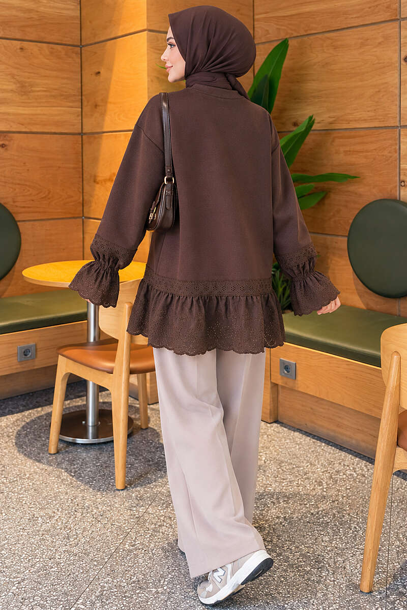 Scuba Tunic with Lace Cuffs and Hem - Brown