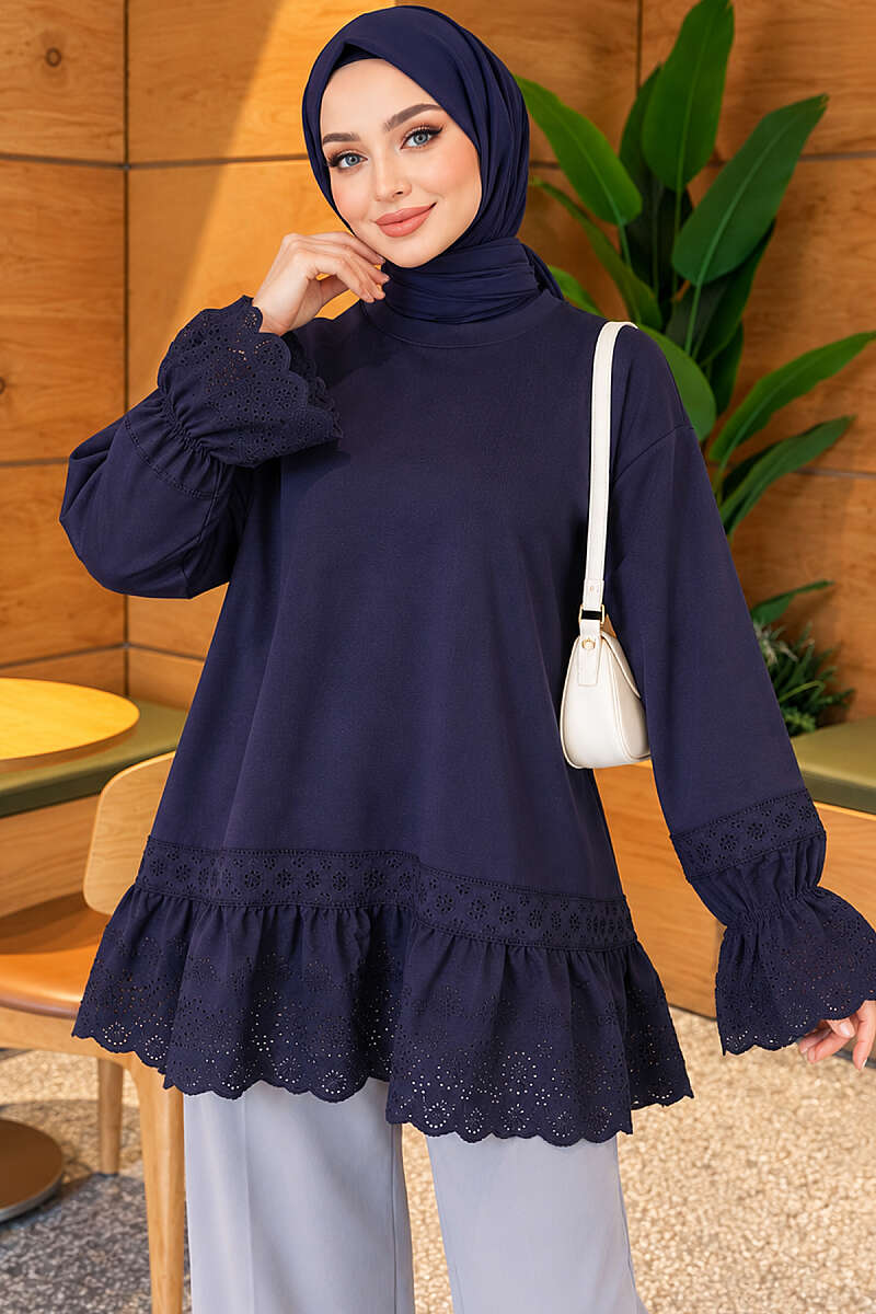 Scuba Tunic with Lace Cuffs and Hem - Navy