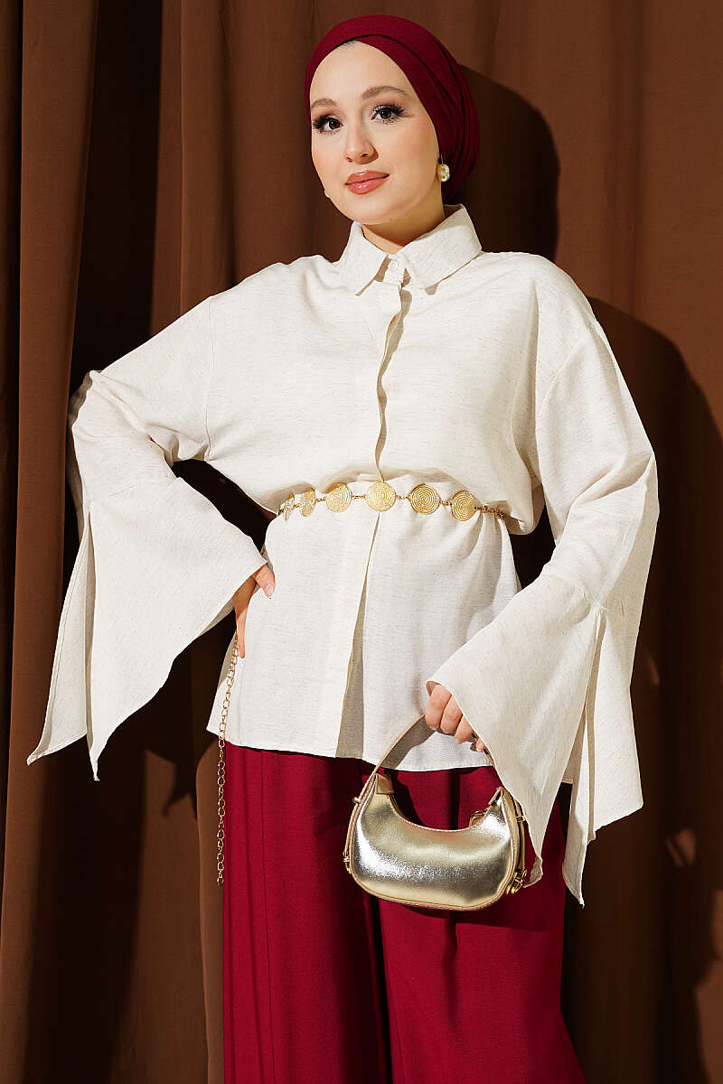 Linen-Look Shirt with Ruffled Cuffs - Beige