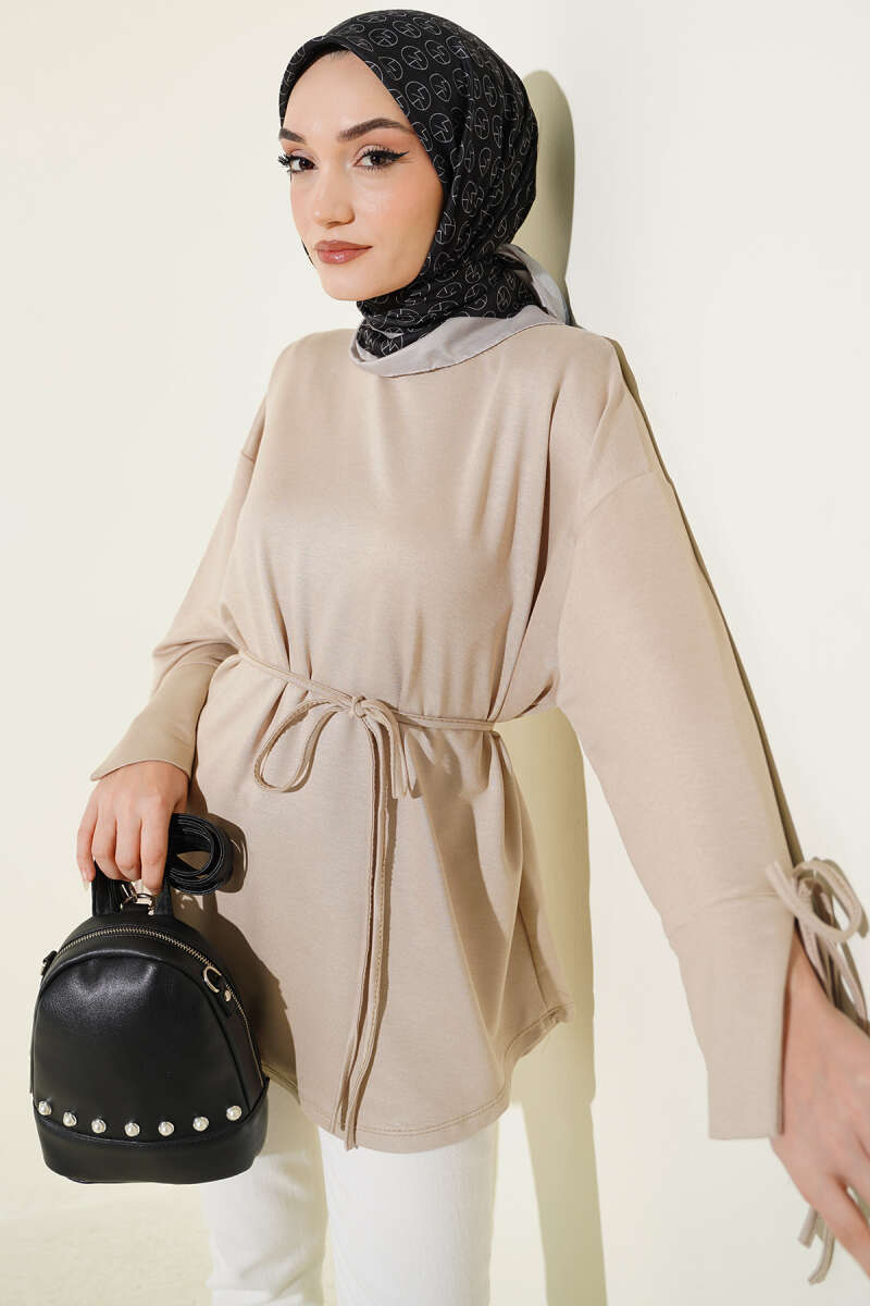 Jersey Tunic with Split Cuffs and Ties - Beige