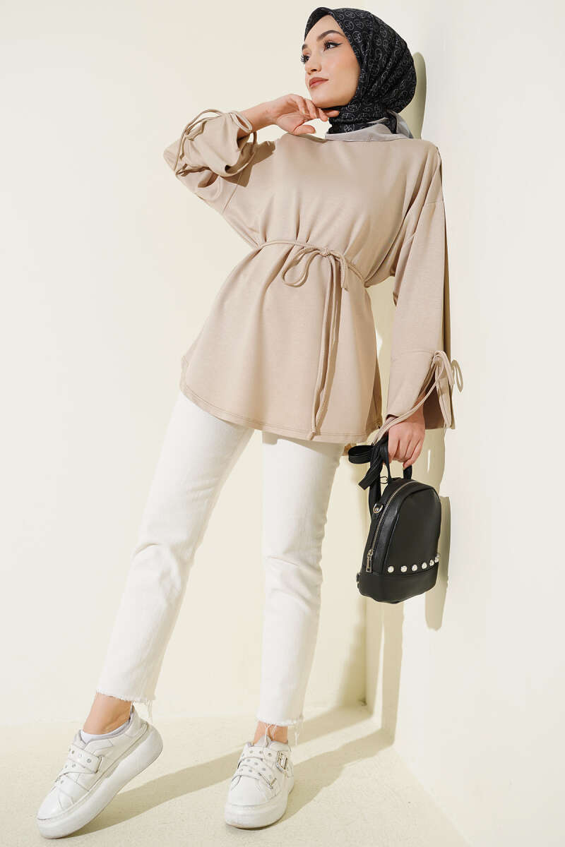 Jersey Tunic with Split Cuffs and Ties - Beige