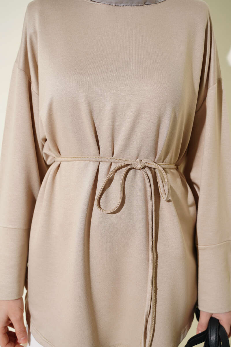 Jersey Tunic with Split Cuffs and Ties - Beige