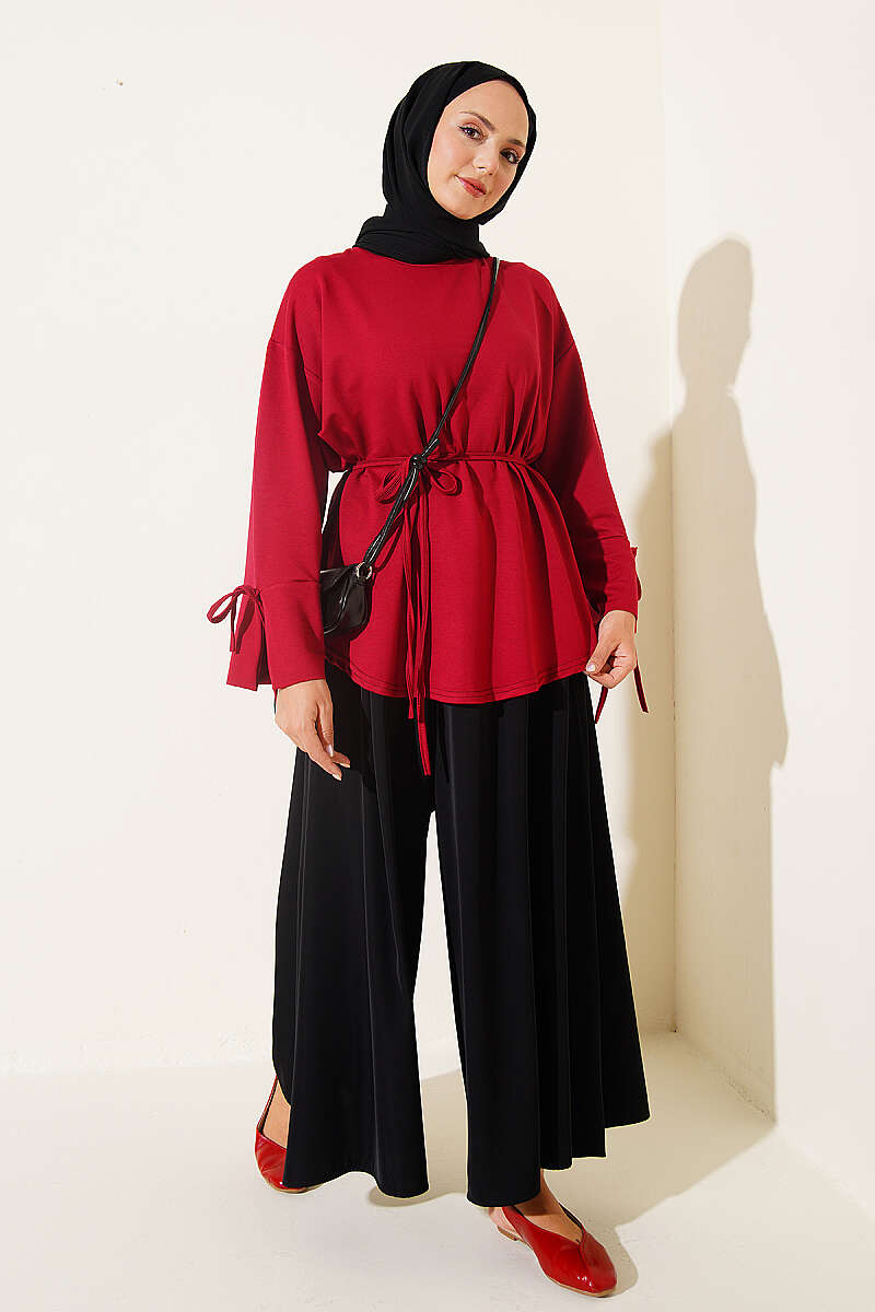 Jersey Tunic with Split Cuffs and Ties - Burgundy
