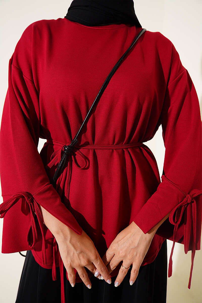 Jersey Tunic with Split Cuffs and Ties - Burgundy