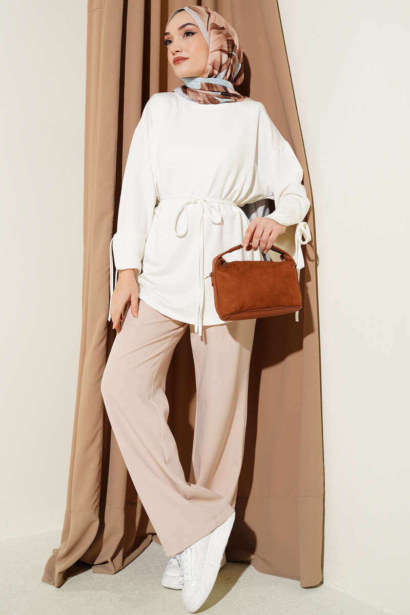 Jersey Tunic with Split Cuffs and Ties - Ecru