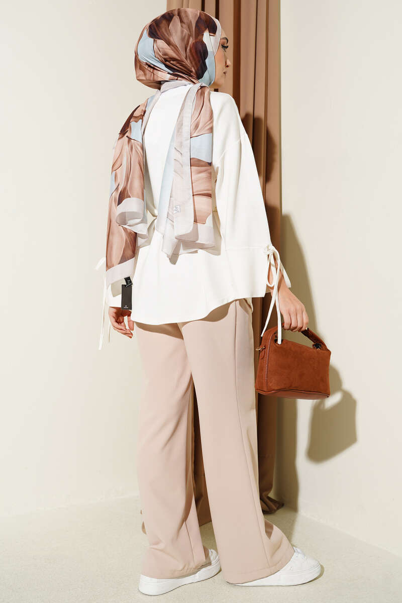 Jersey Tunic with Split Cuffs and Ties - Ecru