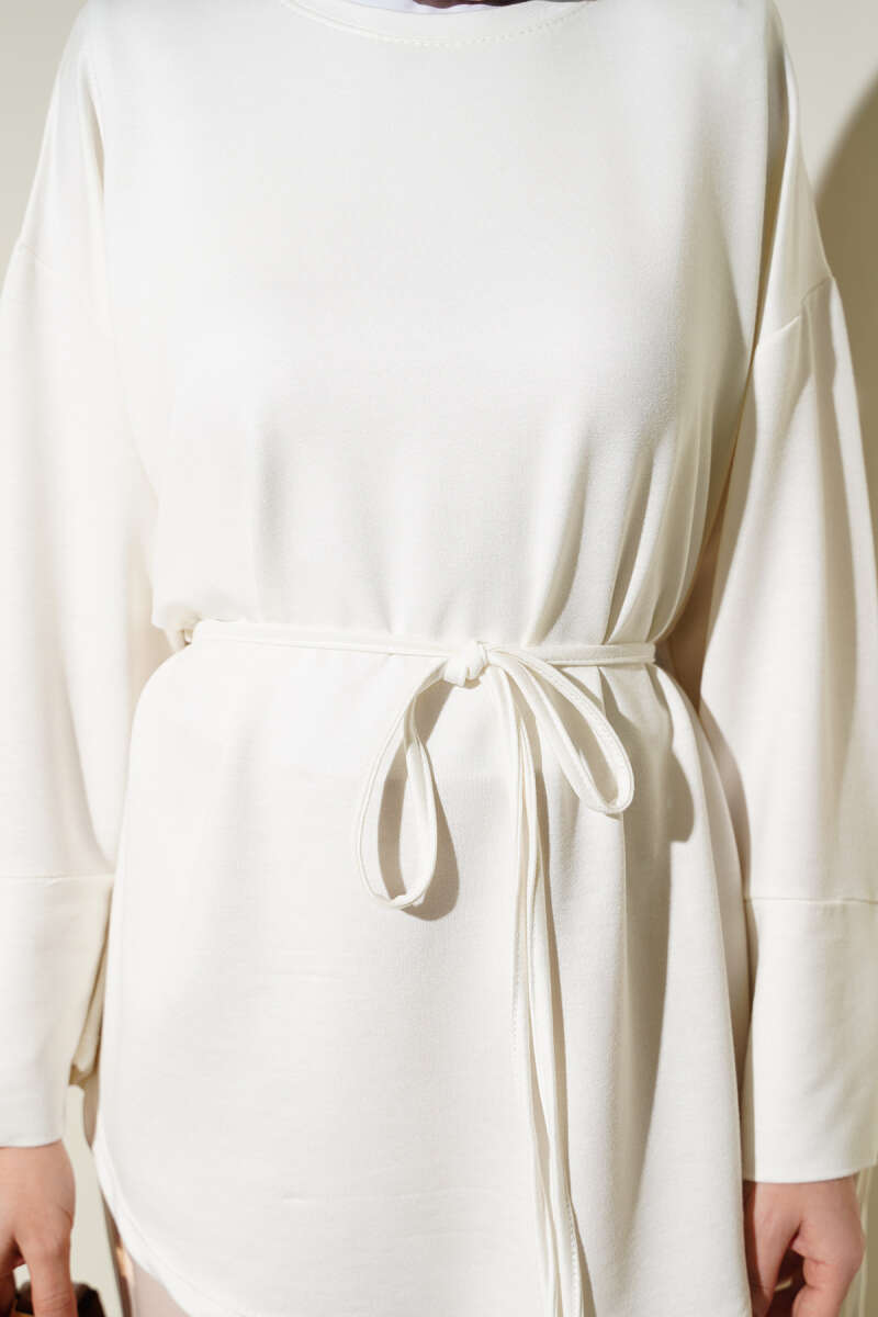 Jersey Tunic with Split Cuffs and Ties - Ecru