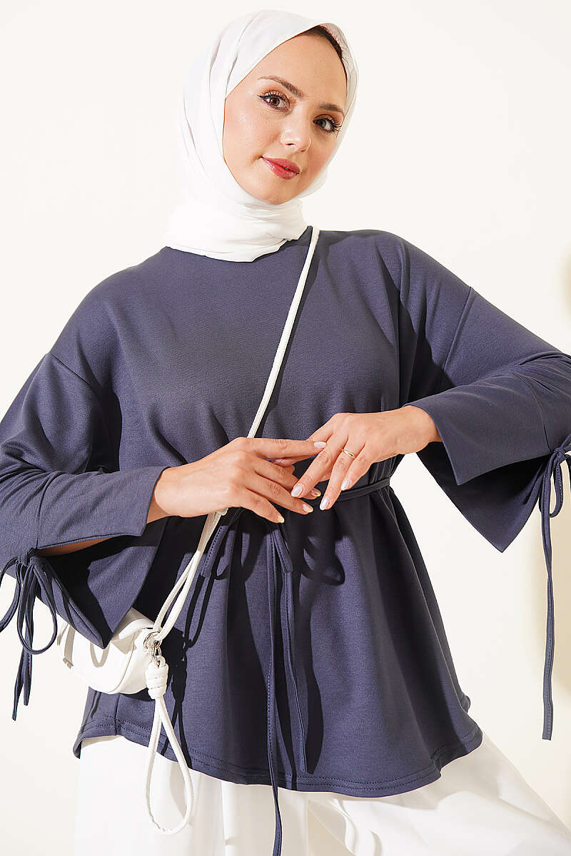 Jersey Tunic with Split Cuffs and Ties - Smoke Grey