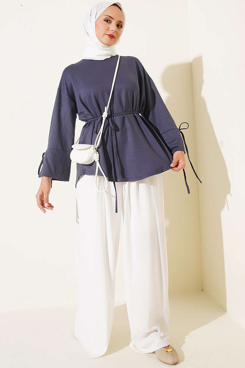 Jersey Tunic with Split Cuffs and Ties - Smoke Grey