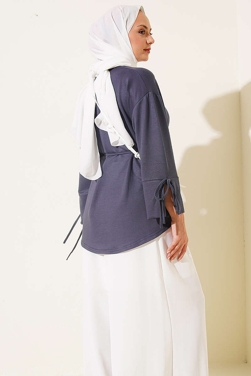 Jersey Tunic with Split Cuffs and Ties - Smoke Grey