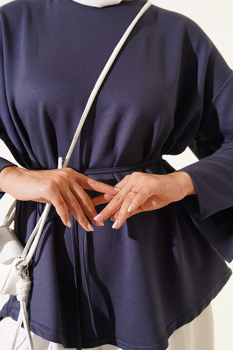 Jersey Tunic with Split Cuffs and Ties - Smoke Grey