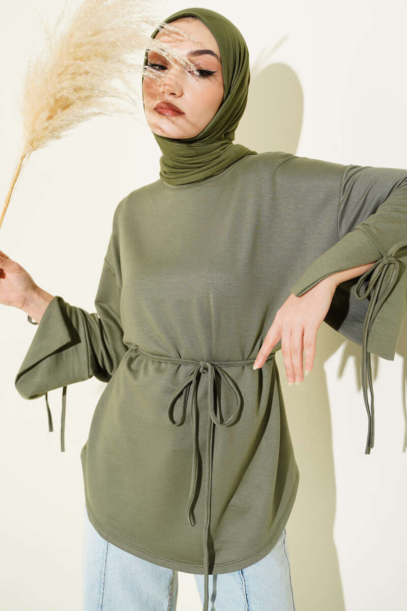 Jersey Tunic with Split Cuffs and Ties - Khaki