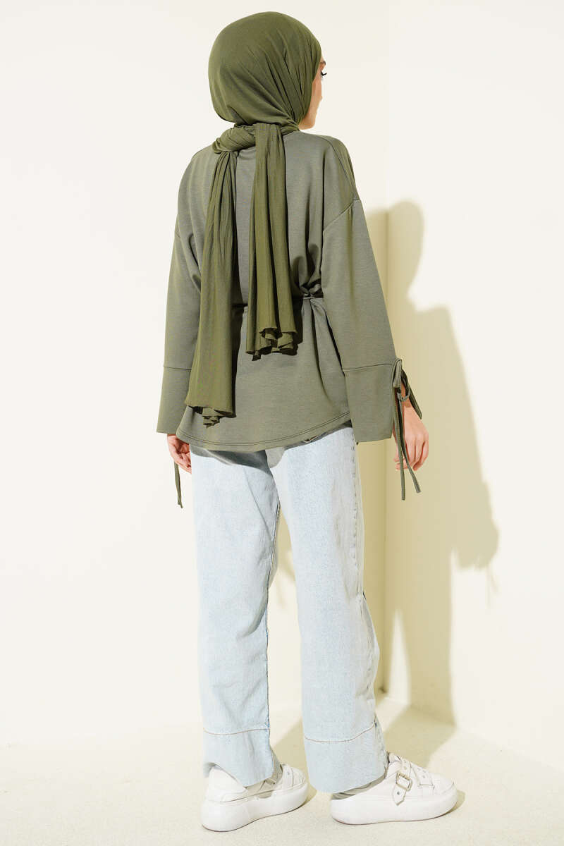 Jersey Tunic with Split Cuffs and Ties - Khaki