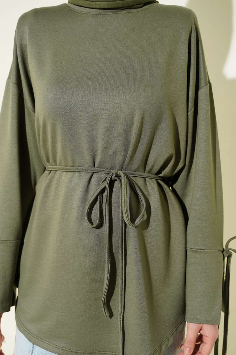 Jersey Tunic with Split Cuffs and Ties - Khaki