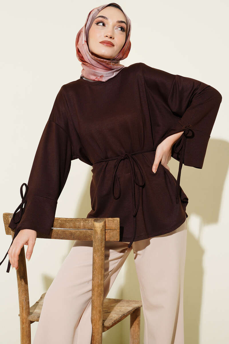 Jersey Tunic with Split Cuffs and Ties - Brown