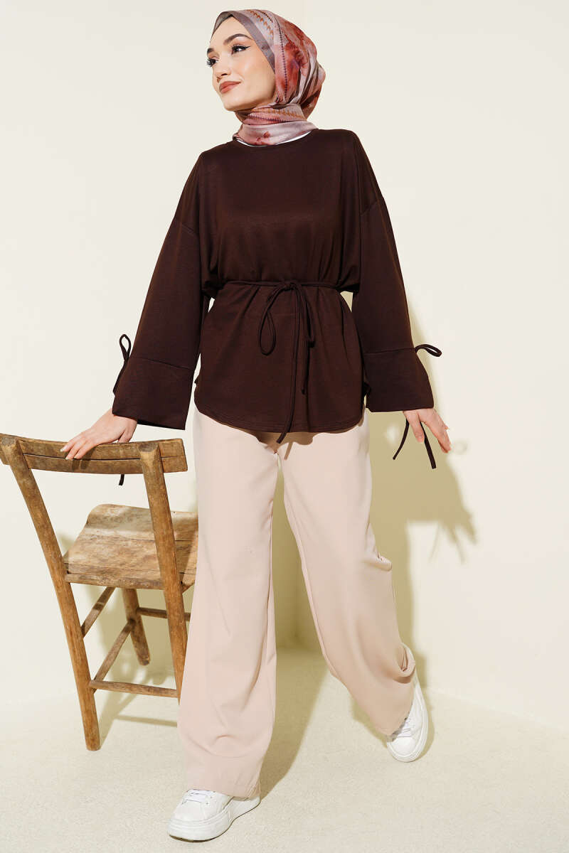 Jersey Tunic with Split Cuffs and Ties - Brown