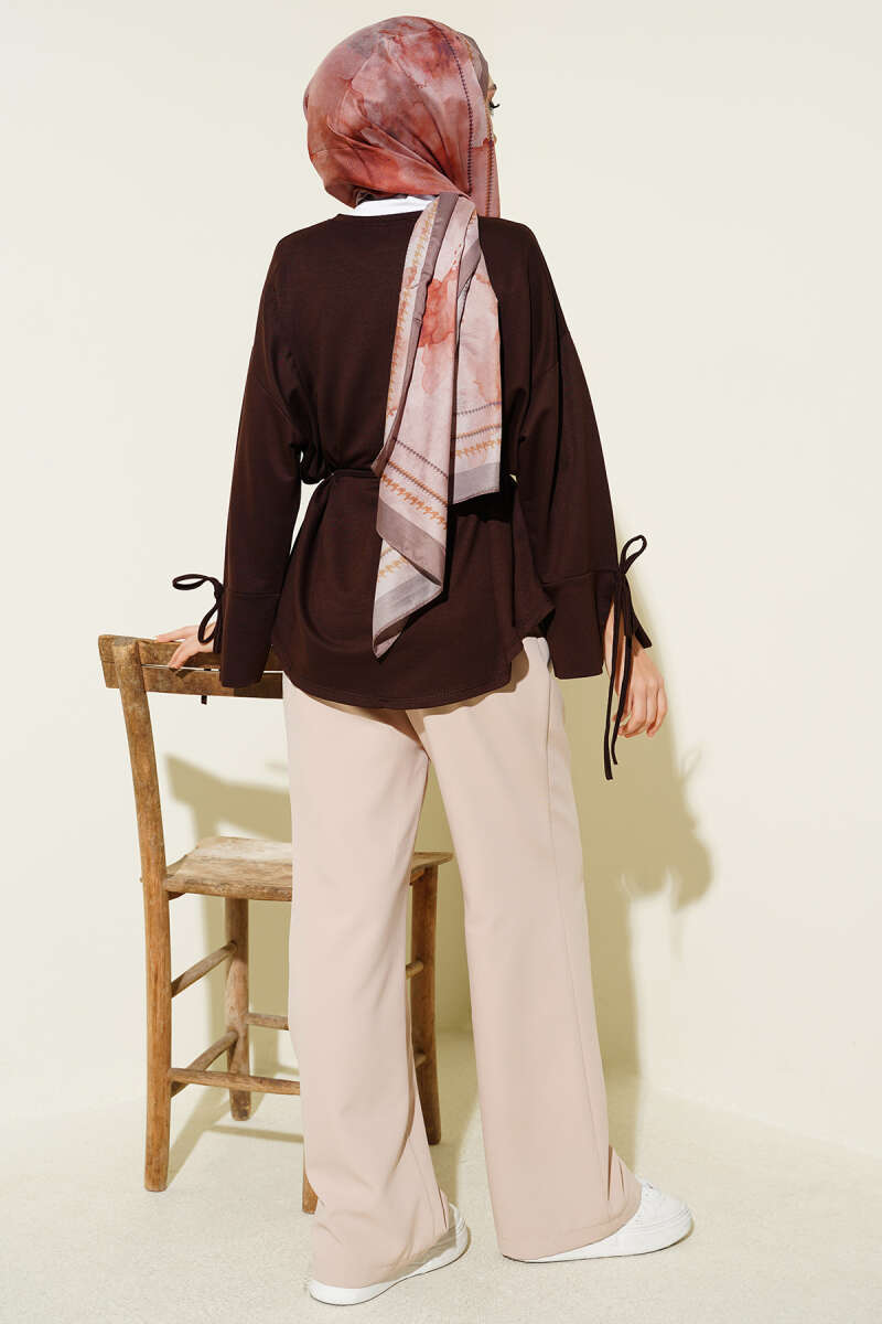 Jersey Tunic with Split Cuffs and Ties - Brown