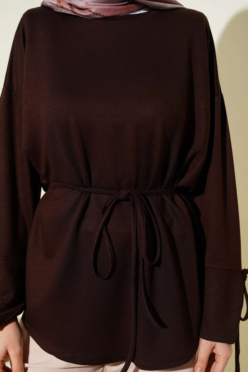 Jersey Tunic with Split Cuffs and Ties - Brown