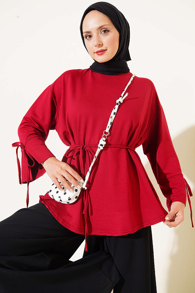 Jersey Tunic with Split Cuffs and Ties - Red