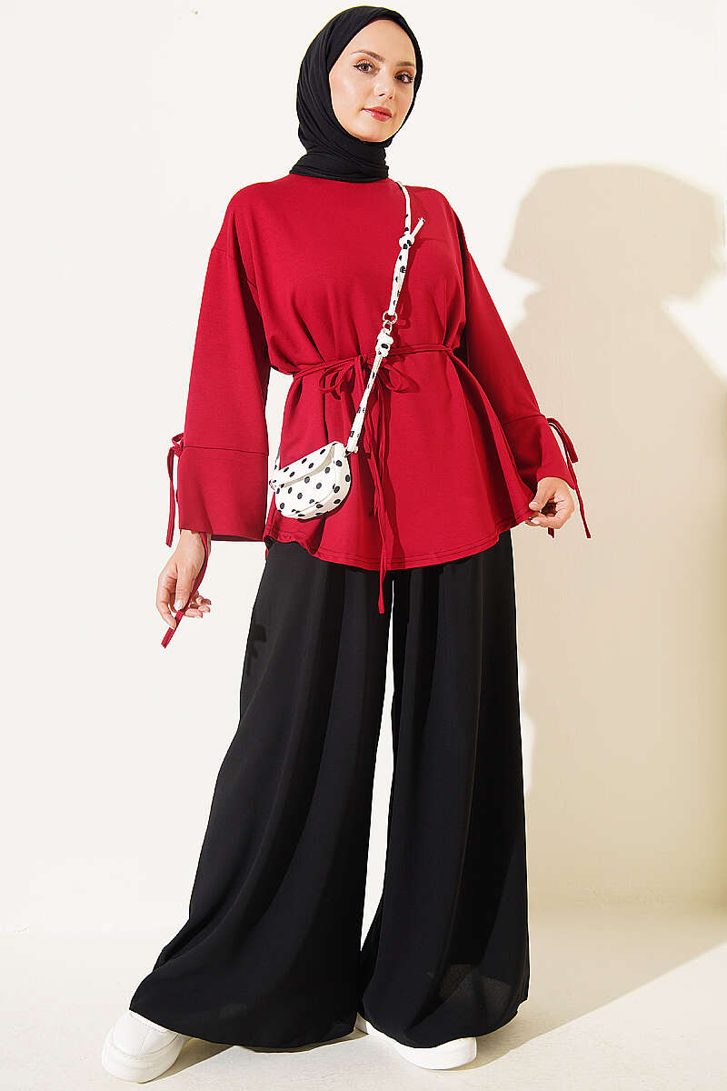 Jersey Tunic with Split Cuffs and Ties - Red