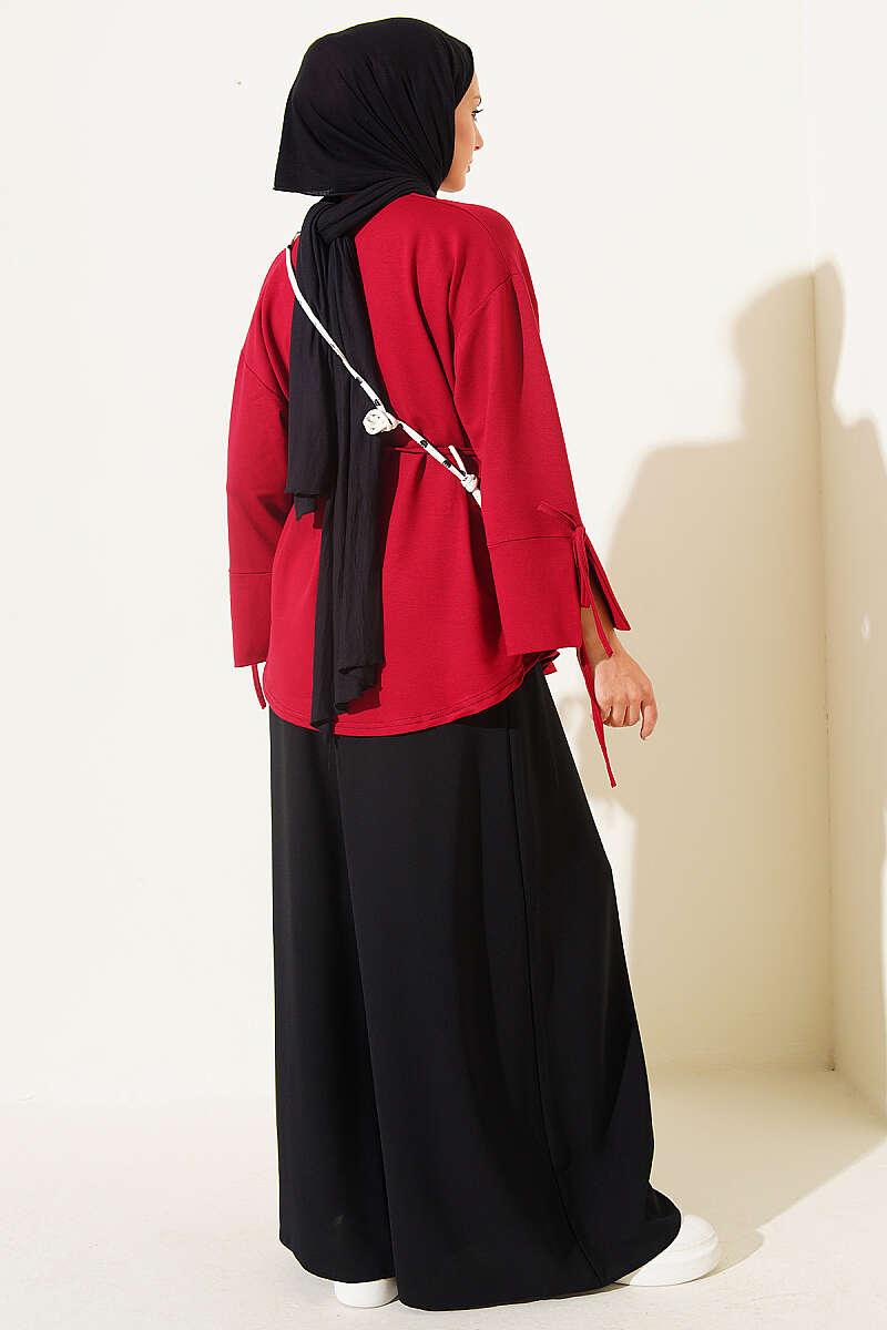 Jersey Tunic with Split Cuffs and Ties - Red