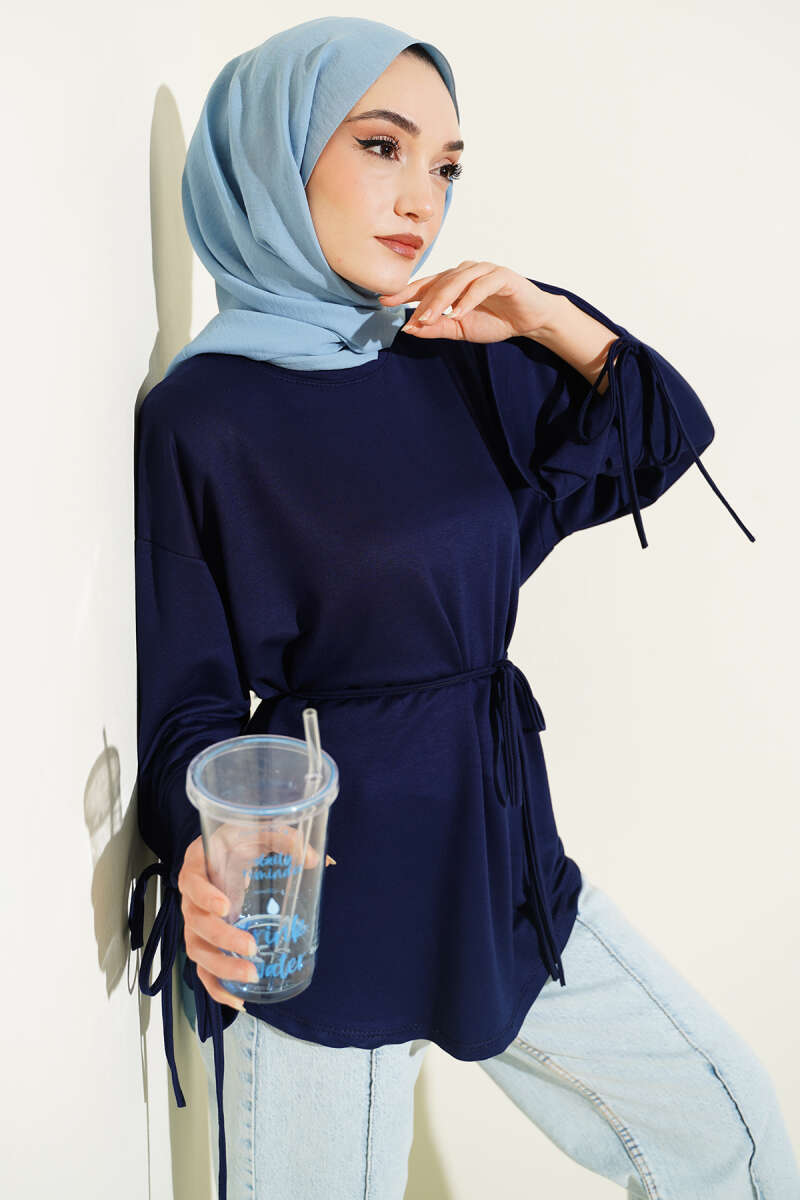 Jersey Tunic with Split Cuffs and Ties - Parliament Blue