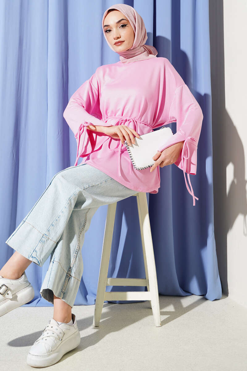 Jersey Tunic with Split Cuffs and Ties - Pink