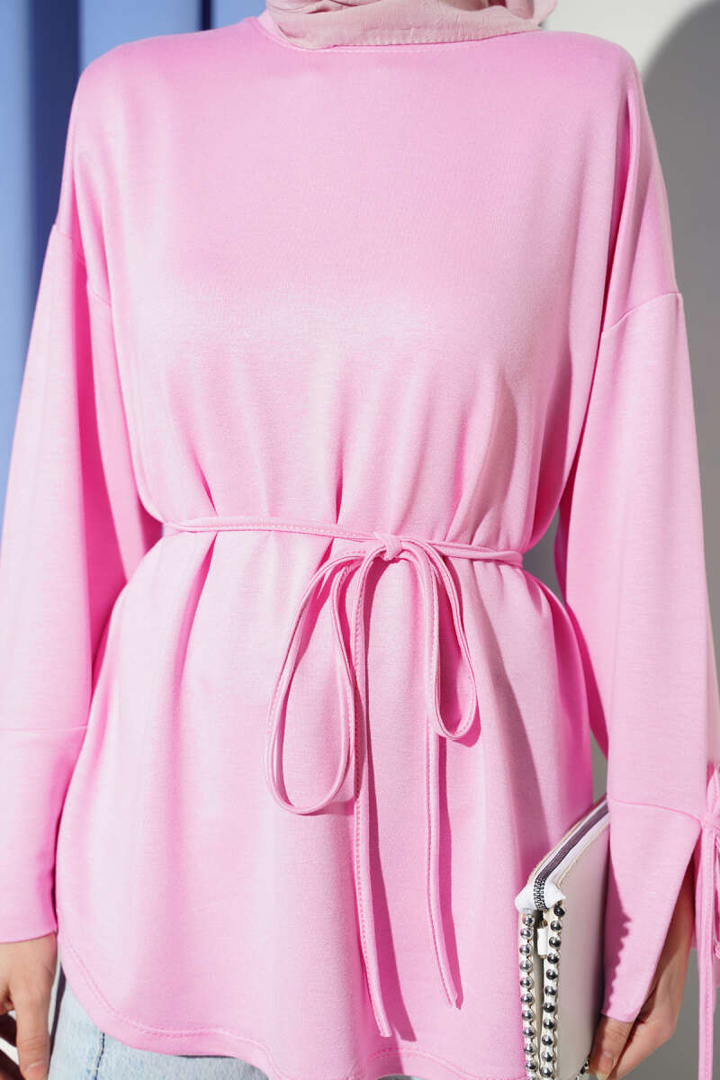 Jersey Tunic with Split Cuffs and Ties - Pink
