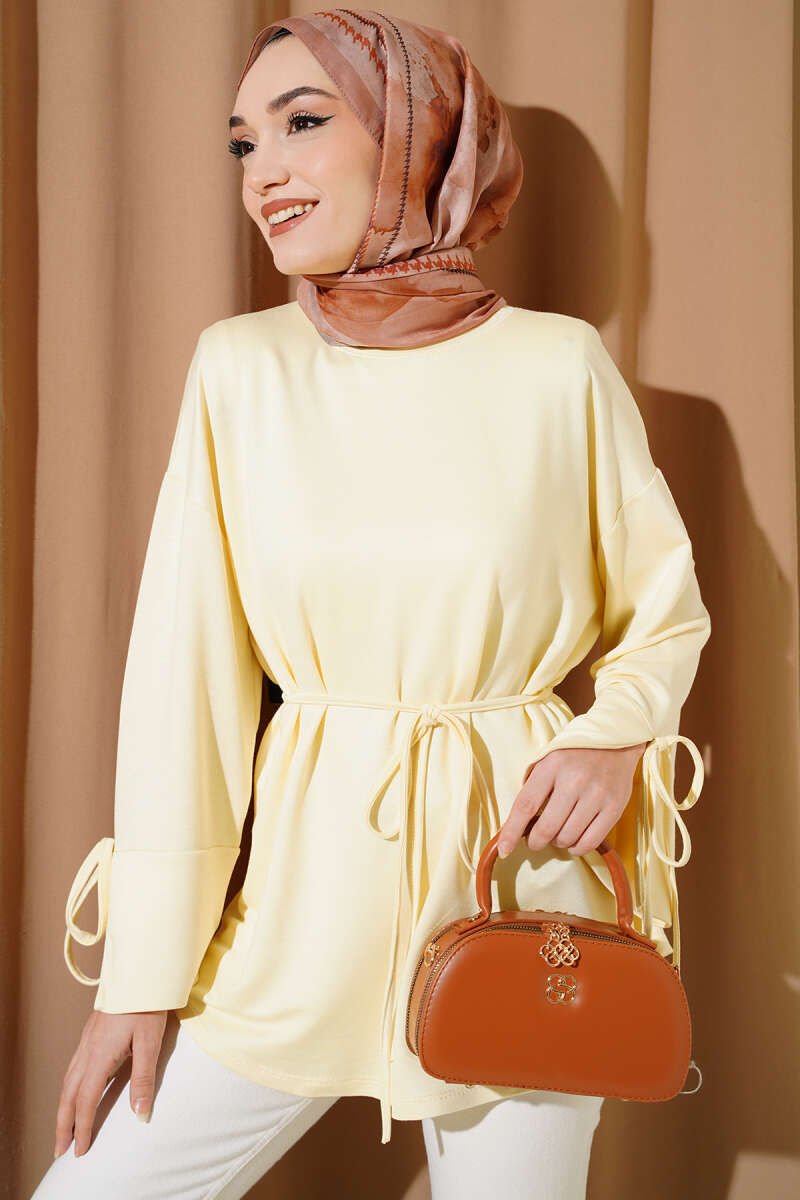 Jersey Tunic with Split Cuffs and Ties - Yellow