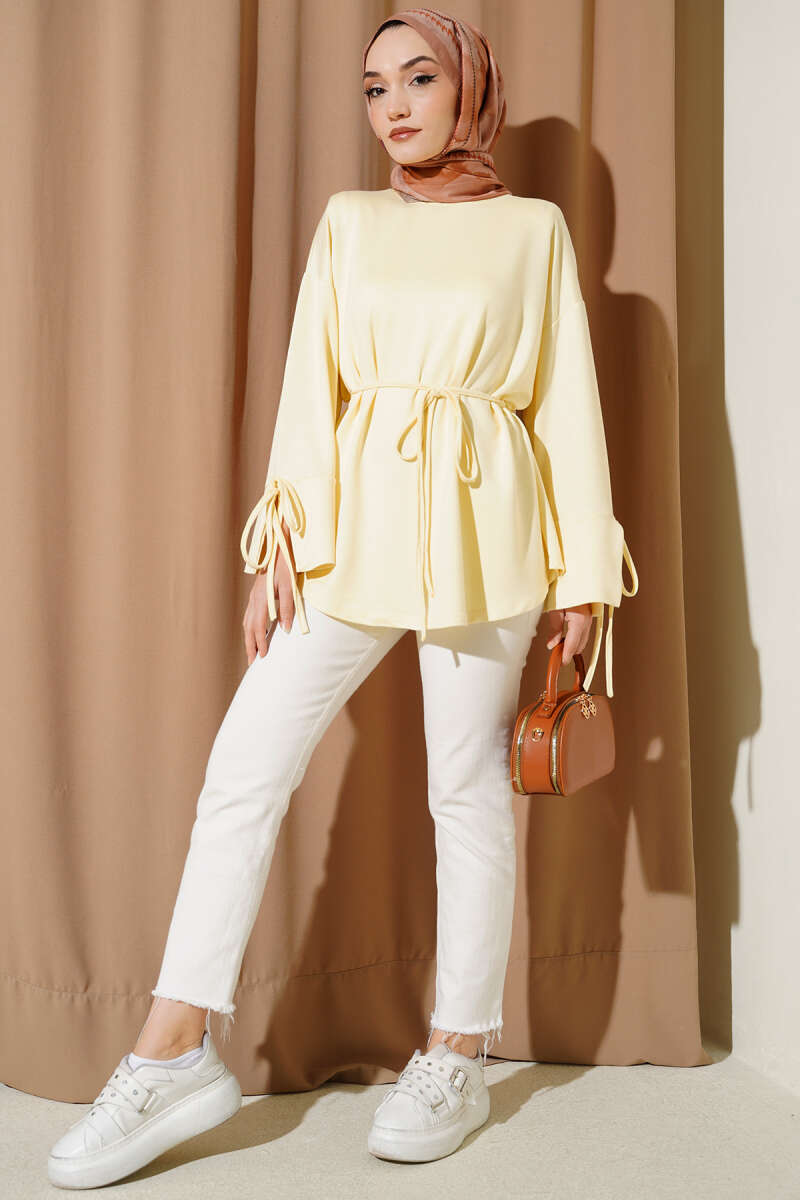 Jersey Tunic with Split Cuffs and Ties - Yellow