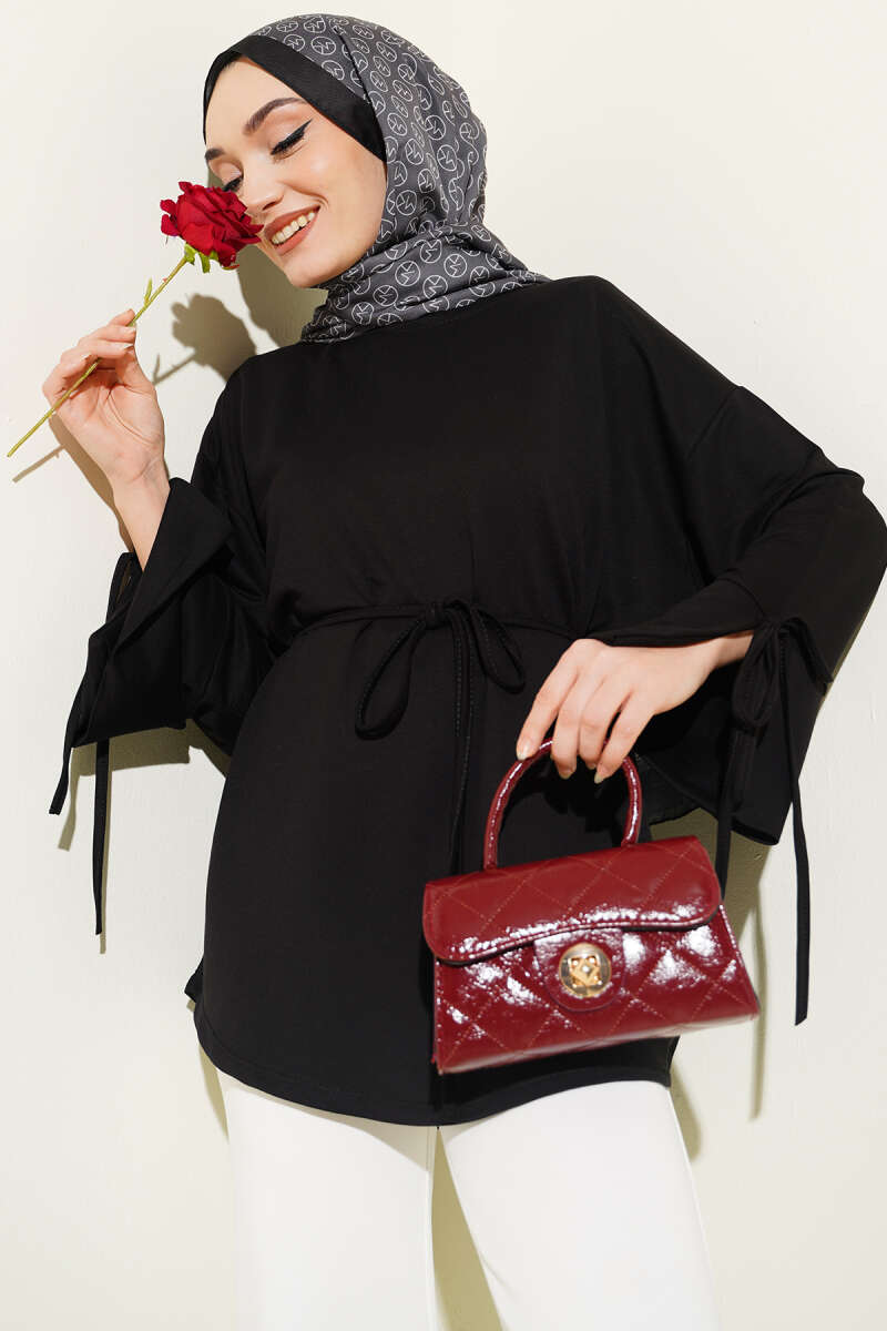 Jersey Tunic with Split Cuffs and Ties - Black
