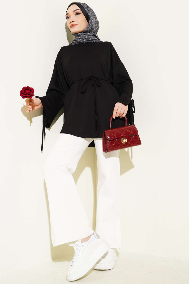 Jersey Tunic with Split Cuffs and Ties - Black