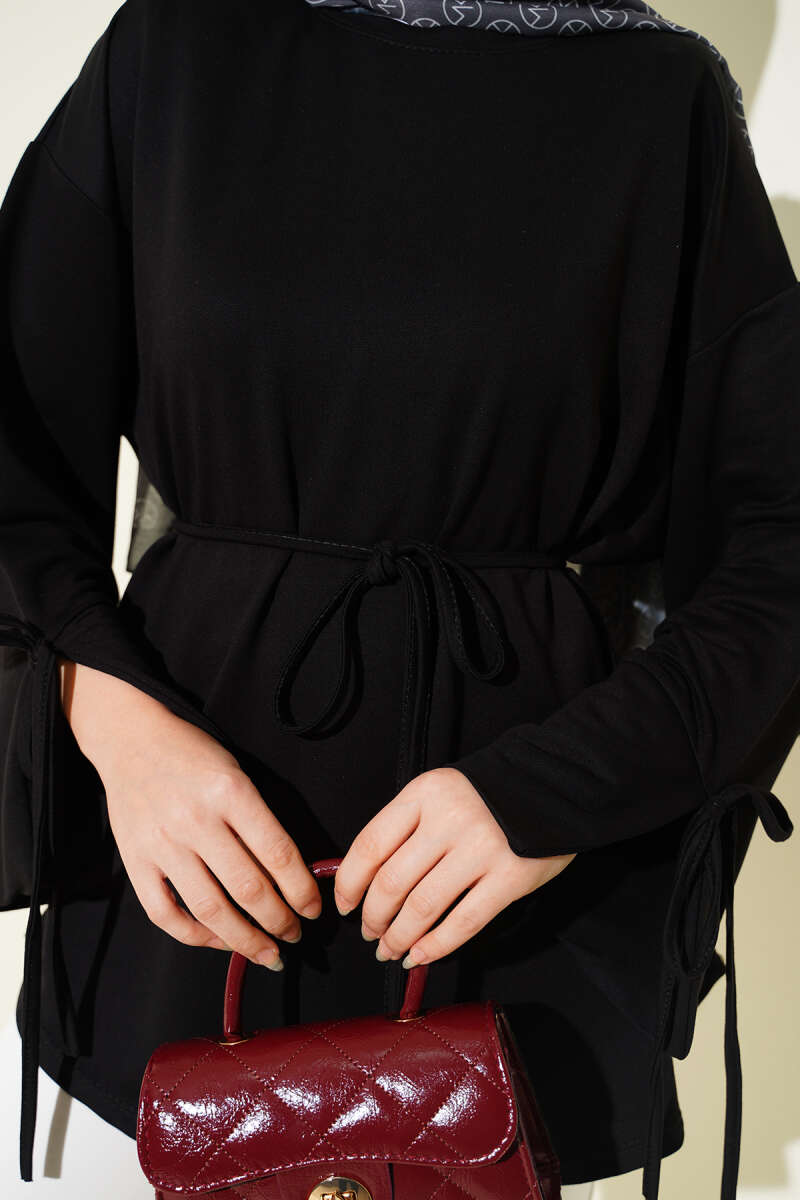 Jersey Tunic with Split Cuffs and Ties - Black