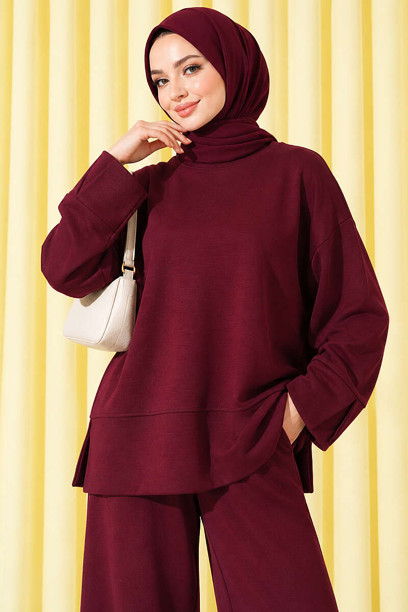 Loycha Two-Piece Set with Cuff Slits - Burgundy