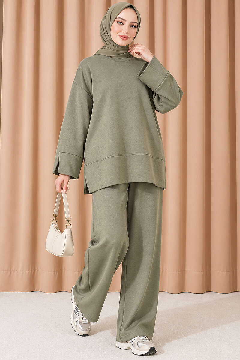Loycha Two-Piece Set with Cuff Slits - Khaki