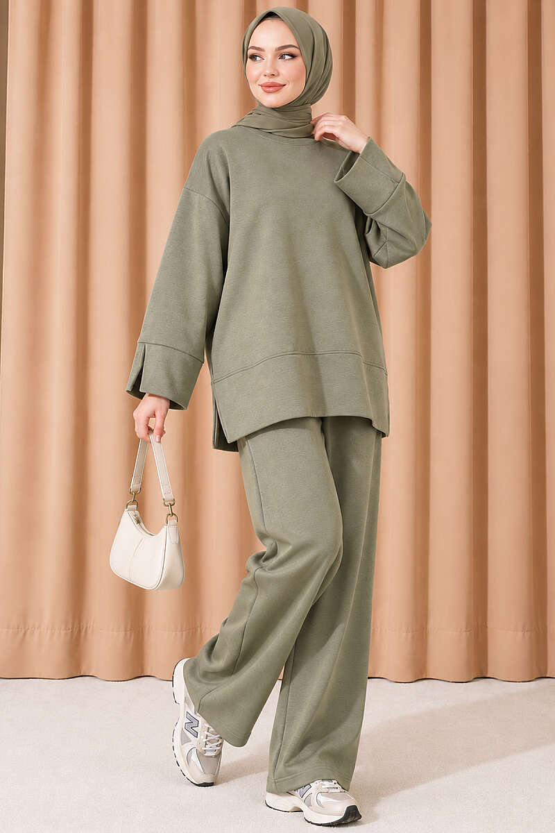Loycha Two-Piece Set with Cuff Slits - Khaki