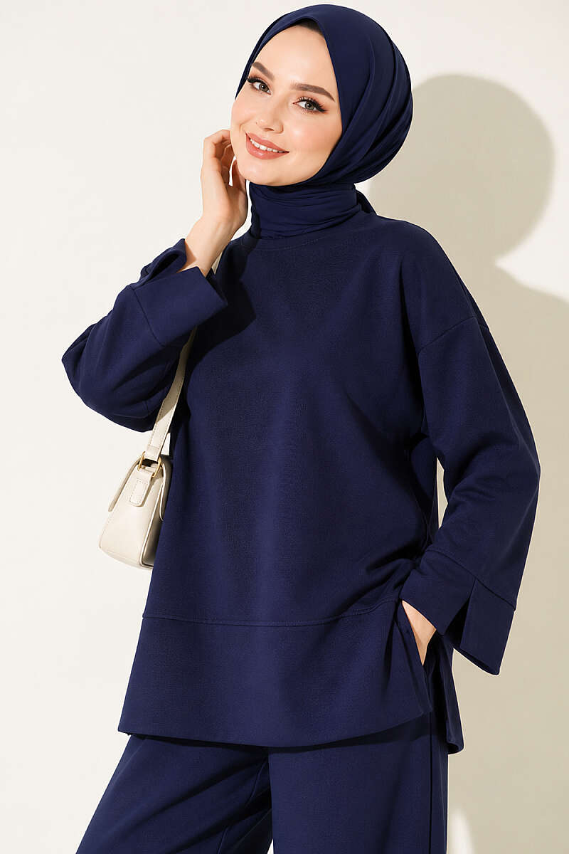 Loycha Two-Piece Set with Cuff Slits - Navy