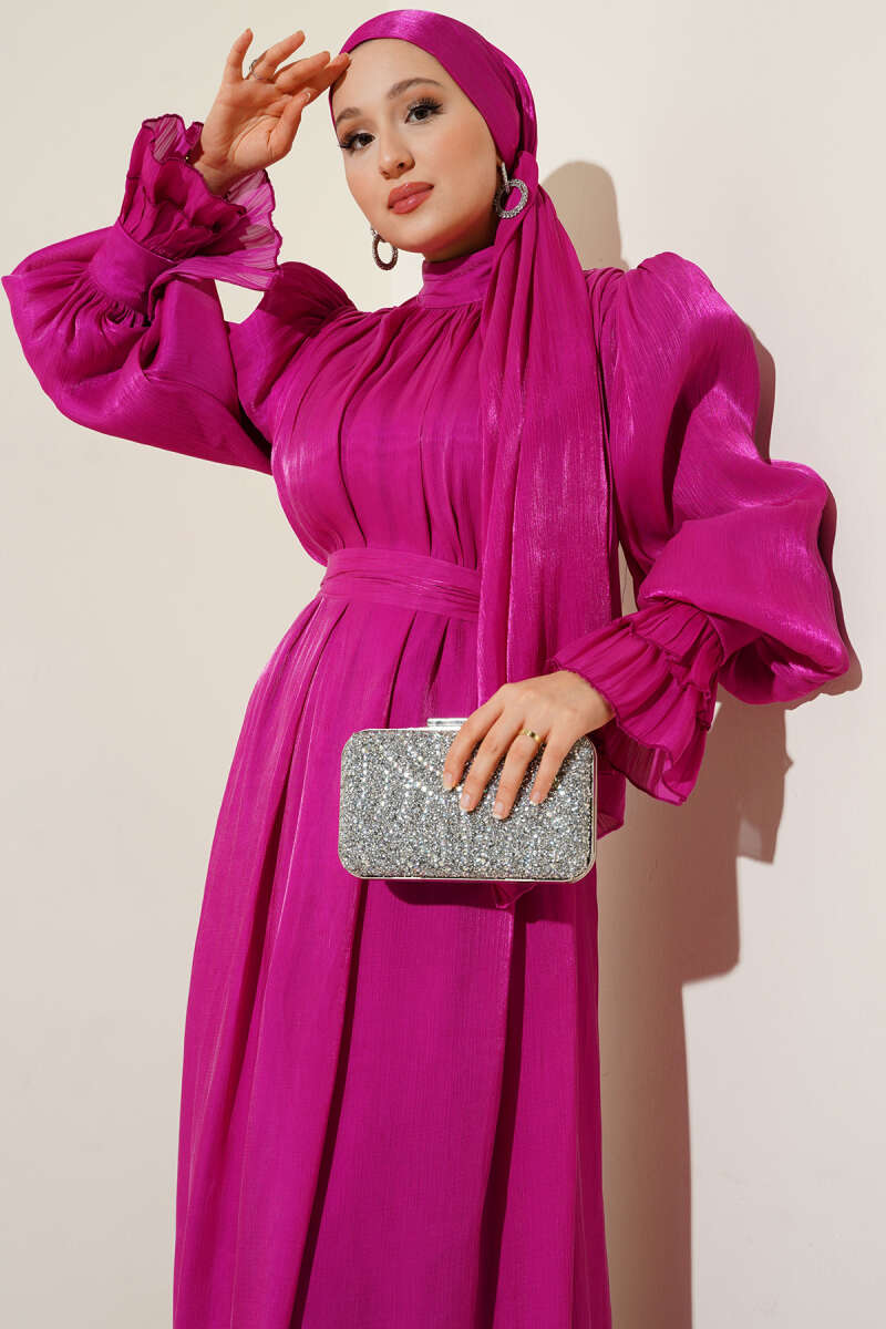 Ruffle-Cuff Dress with Free Shawl - Fuchsia