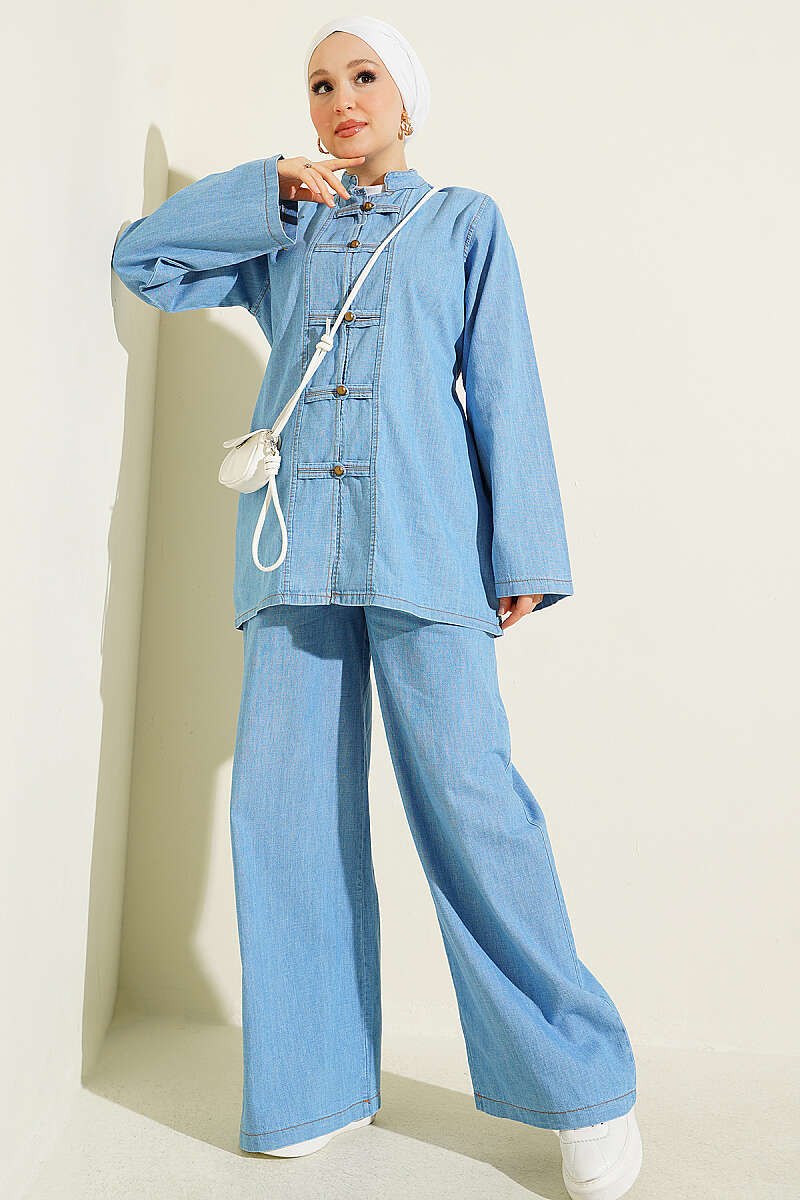 Two-Piece Set with Rivet Buttons and Tie Detail - Light Denim