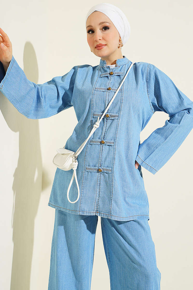 Two-Piece Set with Rivet Buttons and Tie Detail - Light Denim