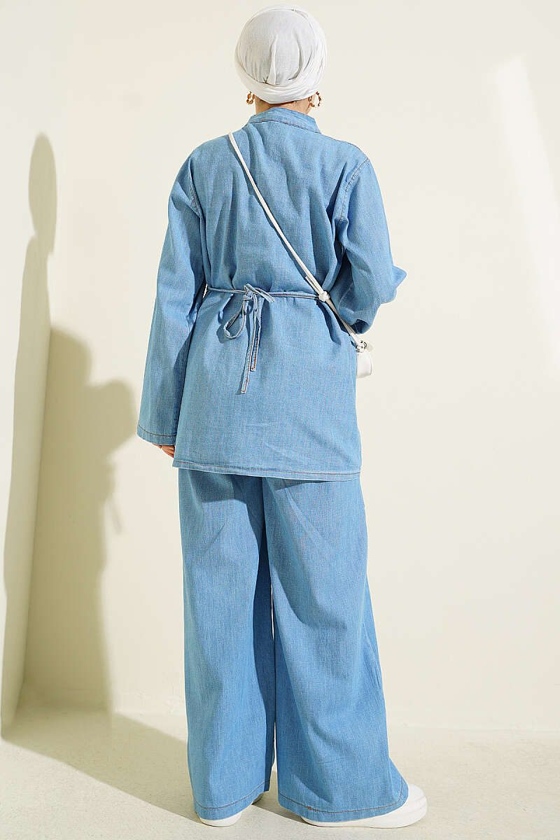 Two-Piece Set with Rivet Buttons and Tie Detail - Light Denim