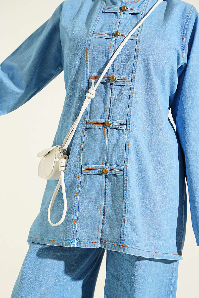 Two-Piece Set with Rivet Buttons and Tie Detail - Light Denim