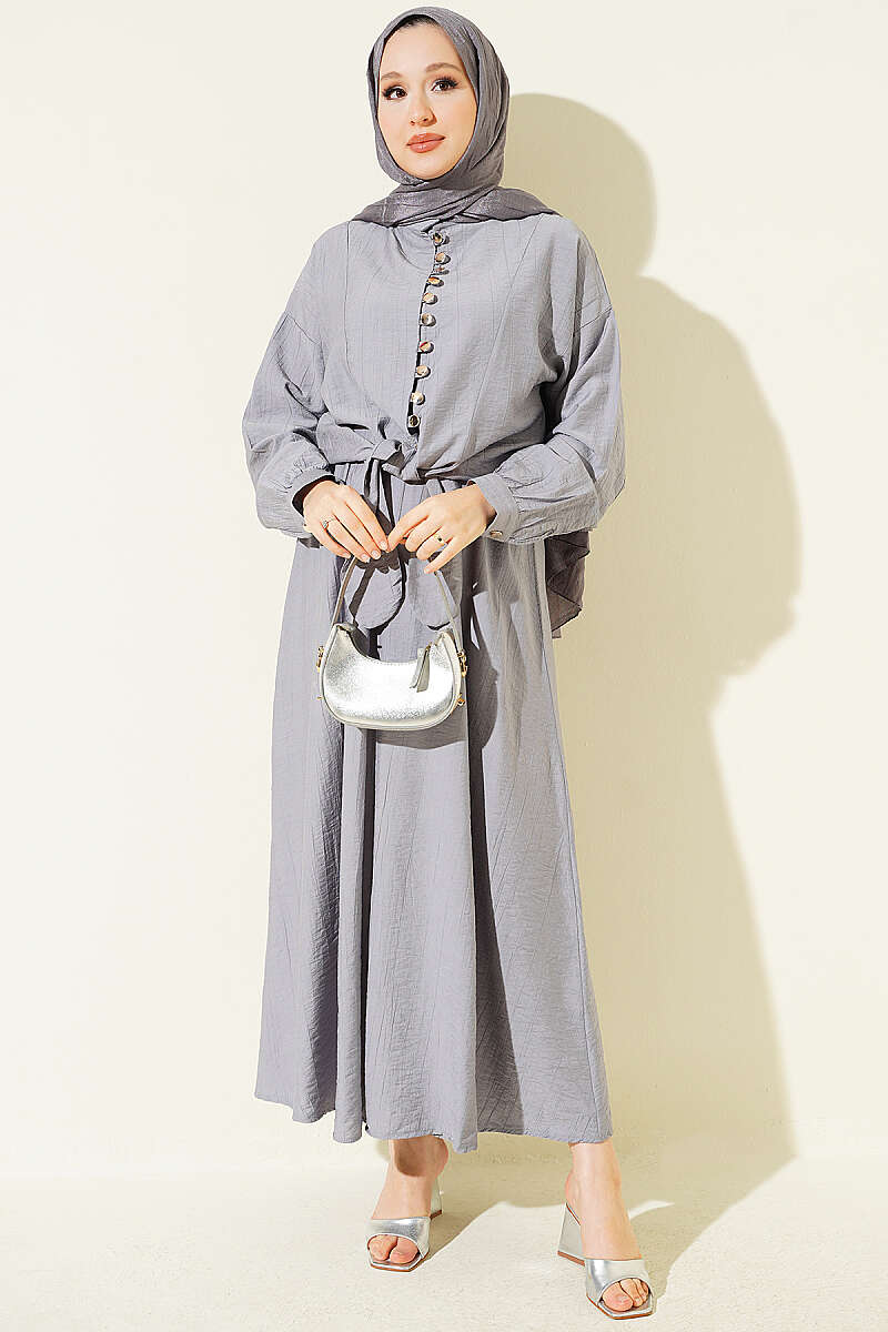Two-Piece Skirt Set with Rivet Buttons and Front Tie - Grey