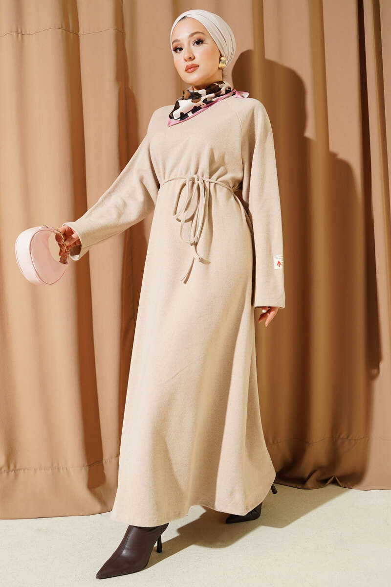 Crew-Neck Dress with Badge and Tie Belt - Beige
