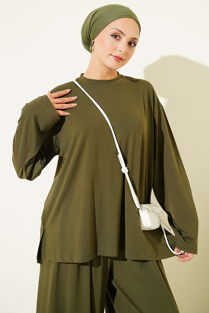 Basic Crew-Neck Two-Piece Set - Khaki