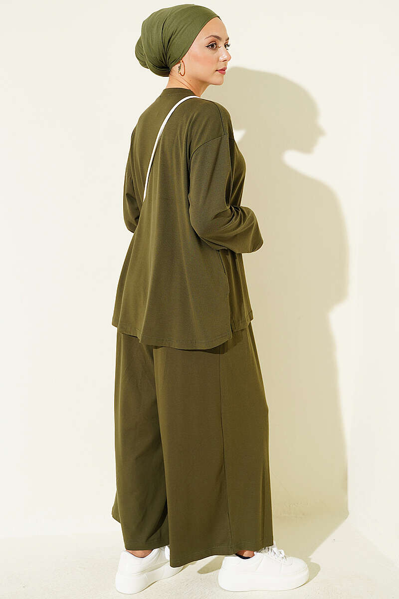Basic Crew-Neck Two-Piece Set - Khaki
