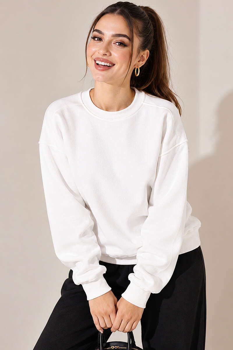 Basic Crew-Neck Three-Thread Sweatshirt - Ecru