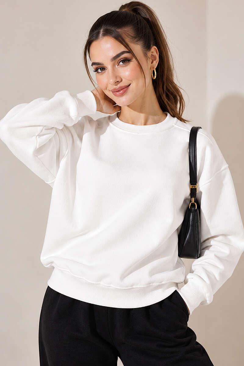 Basic Crew-Neck Three-Thread Sweatshirt - Ecru