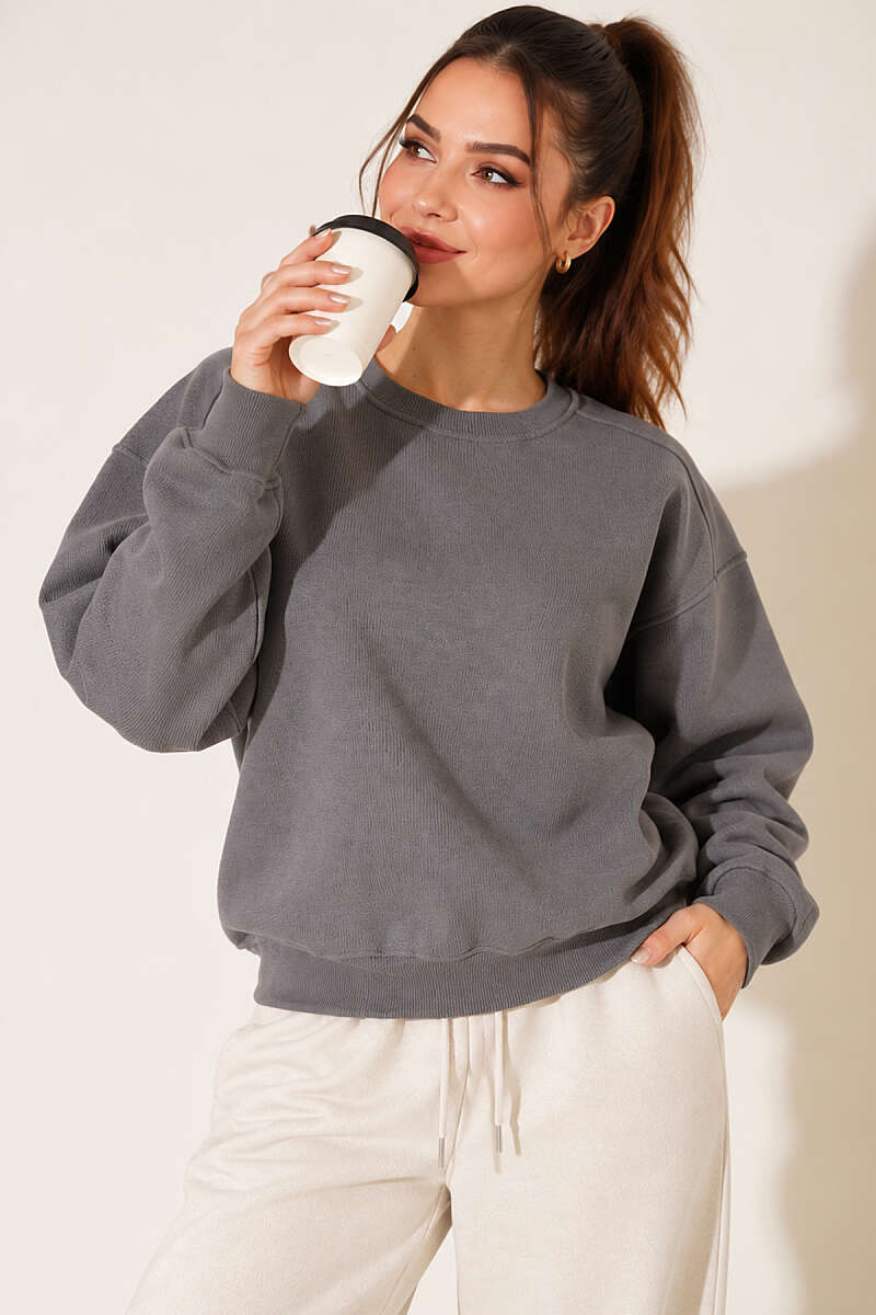 Basic Crew-Neck Three-Thread Sweatshirt - Slate Grey