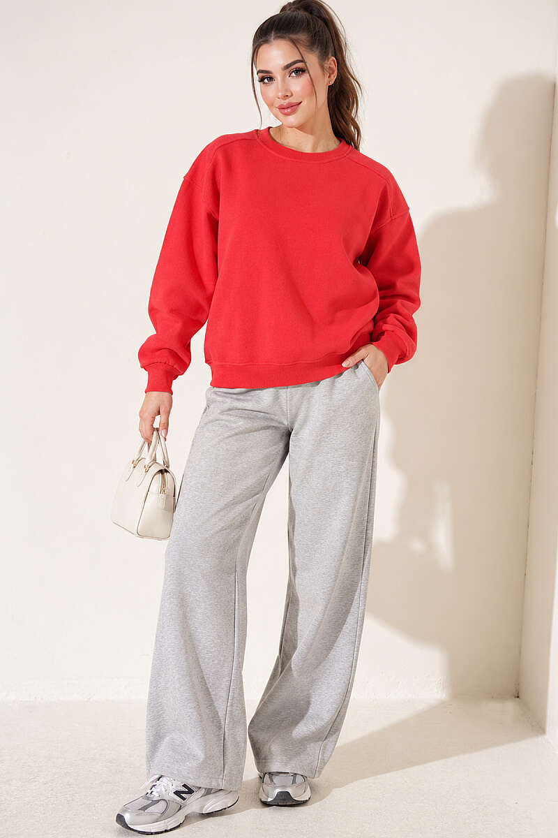 Basic Crew-Neck Three-Thread Sweatshirt - Red
